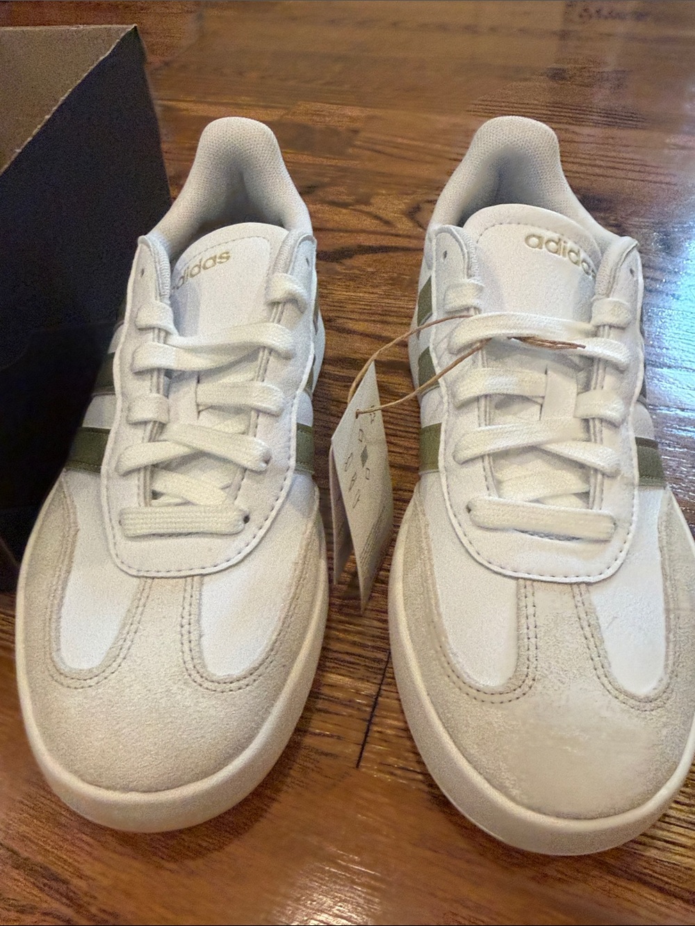 adidas womens White Sneakers with Olive Stripe Accents